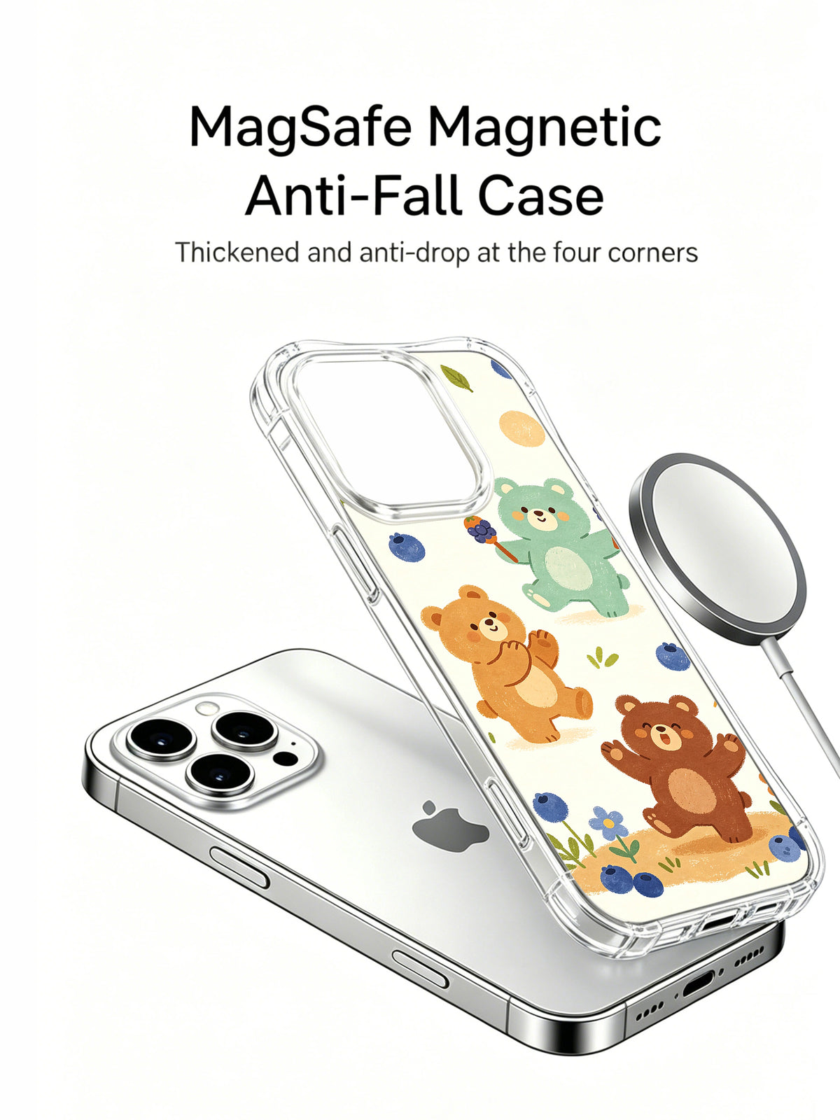 Angled view of Blueberry Bear Band phone case
