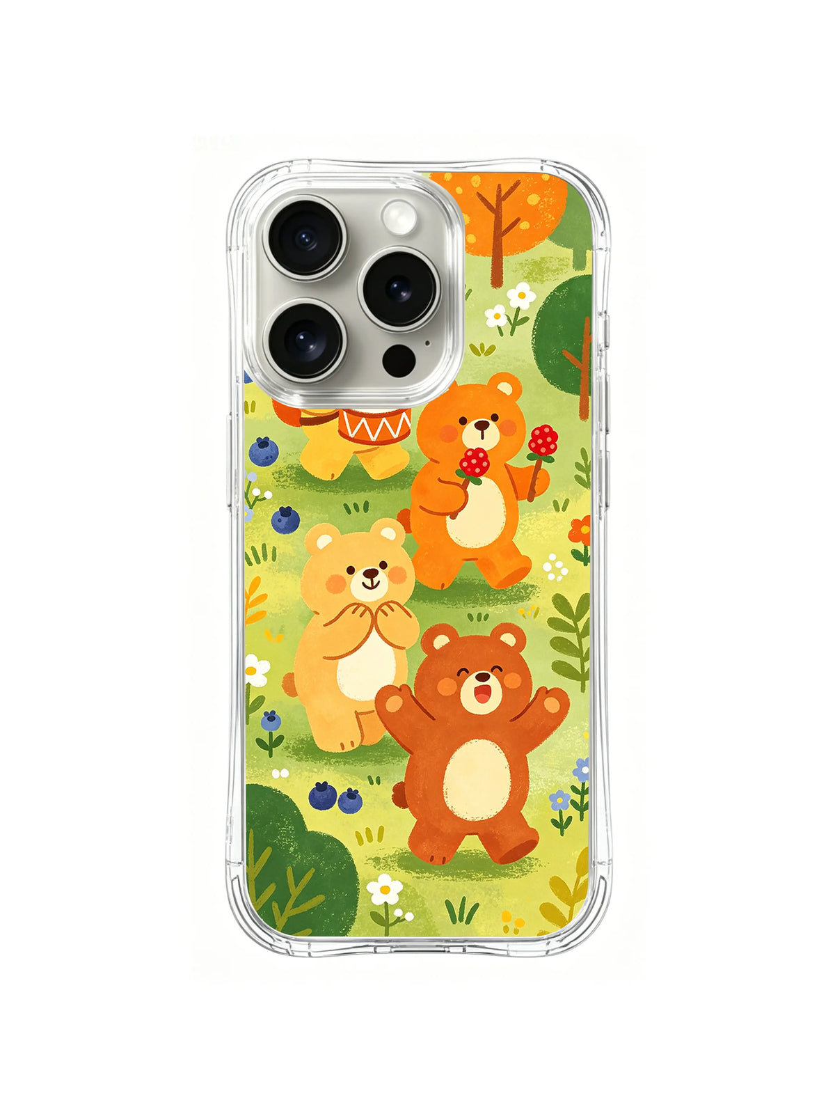 Blueberry Bear Band iPhone 14 Pro Max case in Orange Forest Rhythm artwork