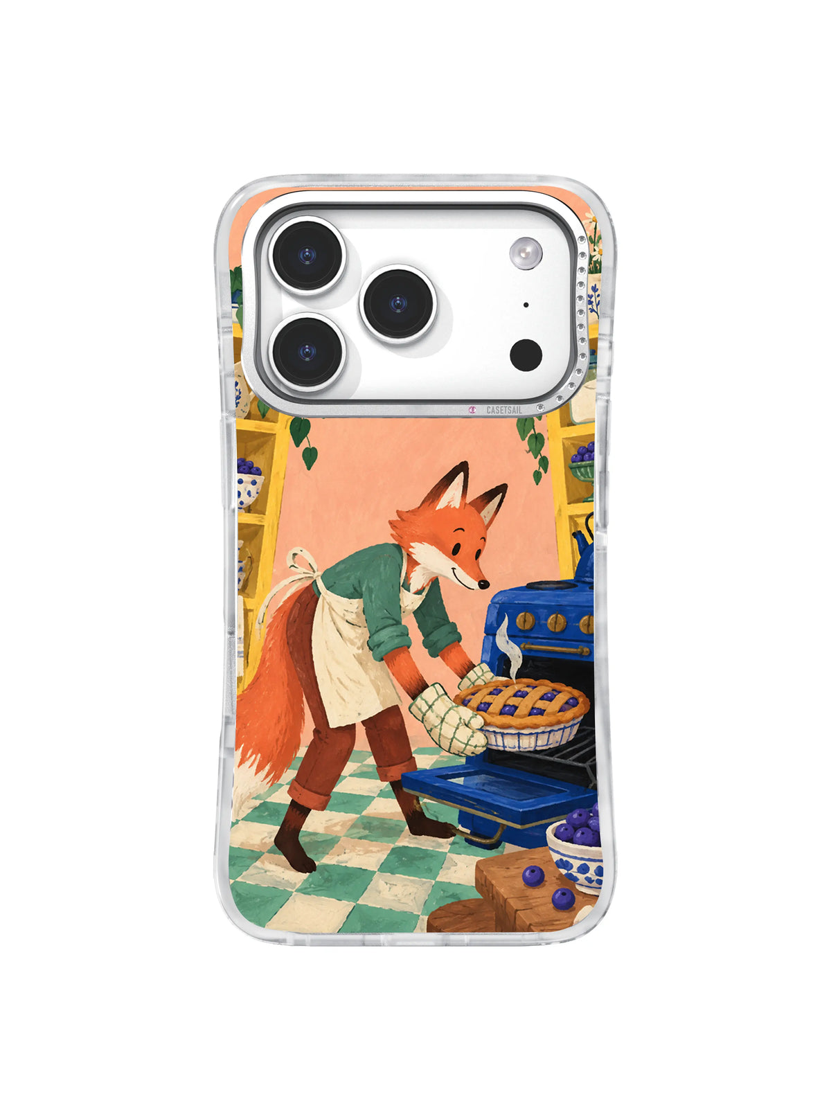 The Blueberry Pie Minute fox beside a cobalt blue oven iPhone case artwork