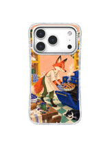 The Blueberry Pie Minute coral fox lifting a blueberry pie from a cobalt oven iPhone case artwork
