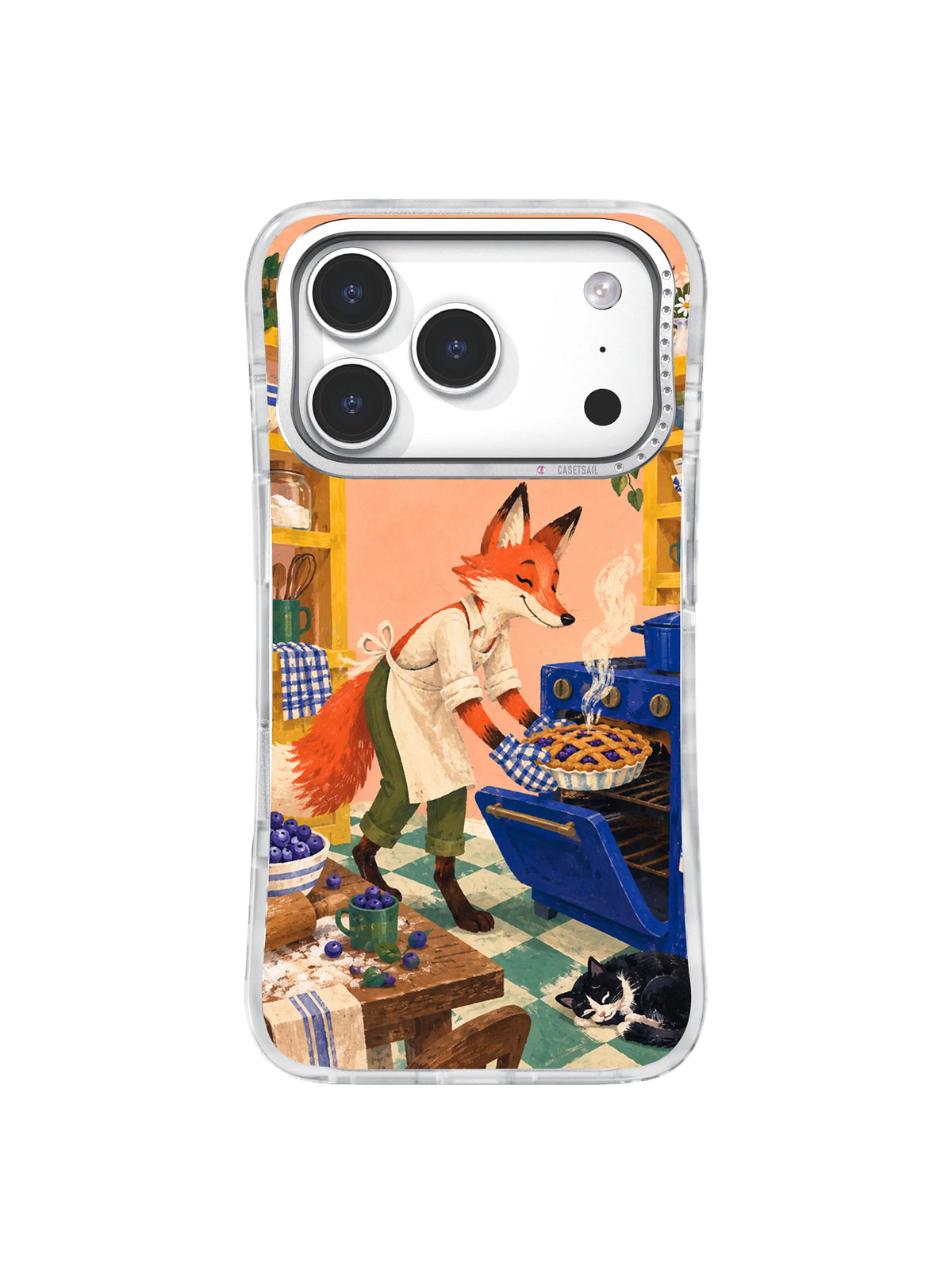 The Blueberry Pie Minute coral fox lifting a blueberry pie from a cobalt oven iPhone case artwork