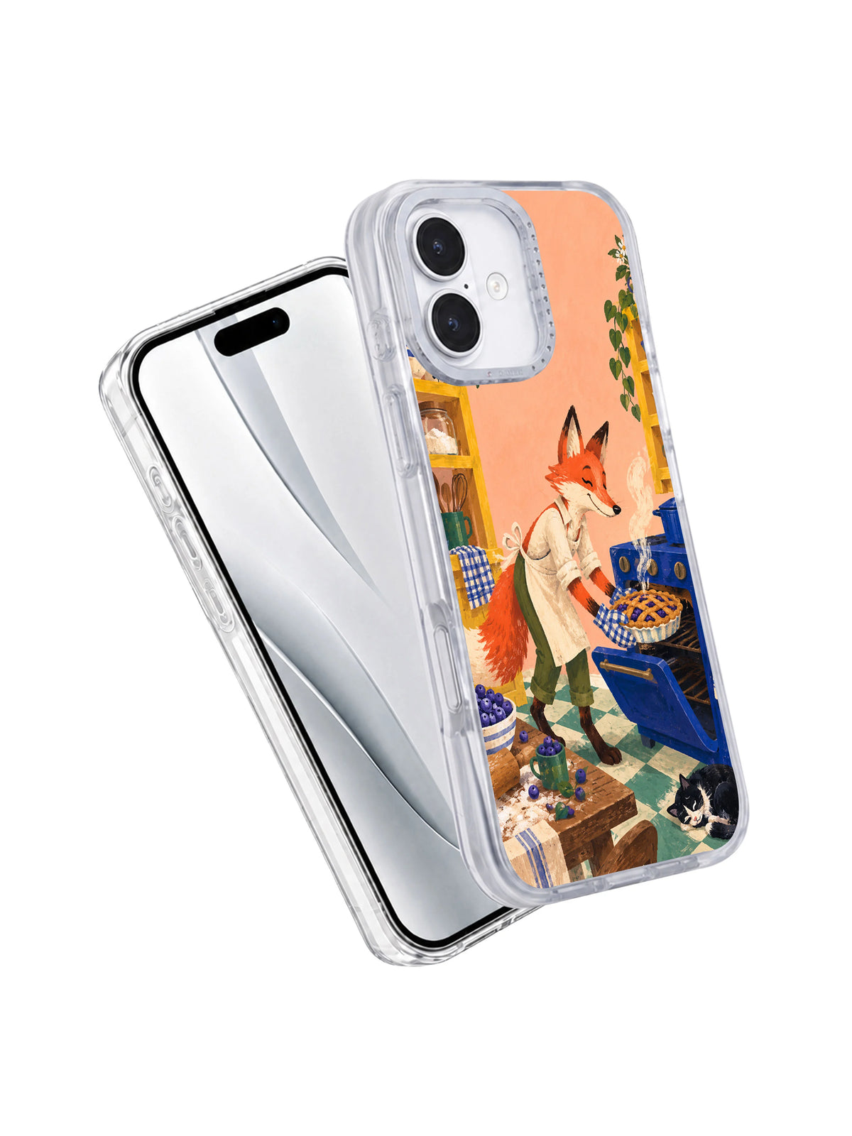 The Blueberry Pie Minute transparent iPhone case angled view