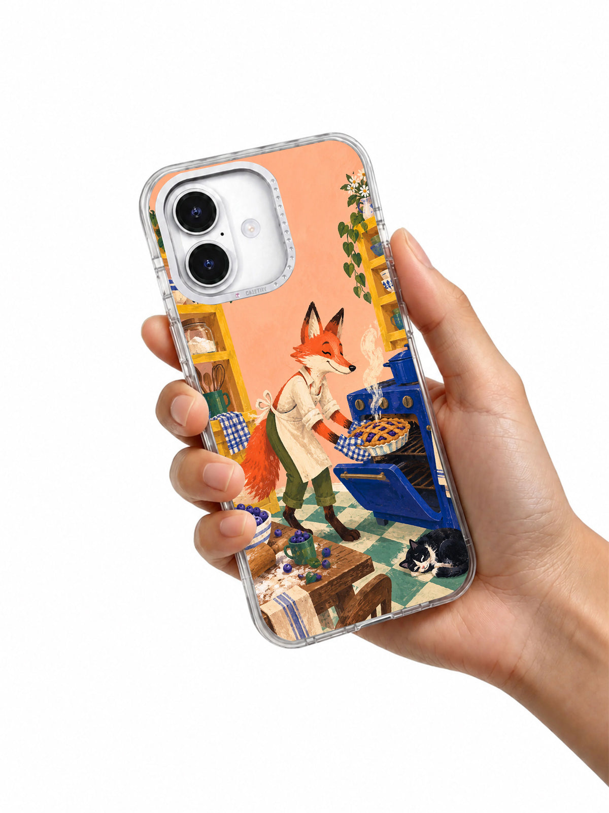 The Blueberry Pie Minute transparent iPhone case in hand
