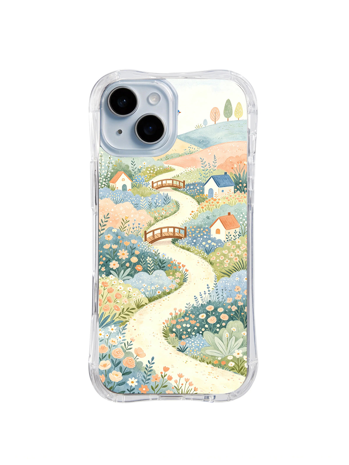Twin Bridge Flower Path: Two bridges cross a winding path through flowers.