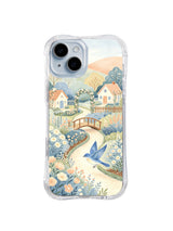 Bluebird Cottage Garden: A blue bird flies above a bridge, cottages and daisies.