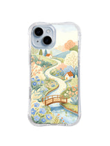 Cornflower River Journey: A bridge spans a blue river beside cornflowers and cottages.