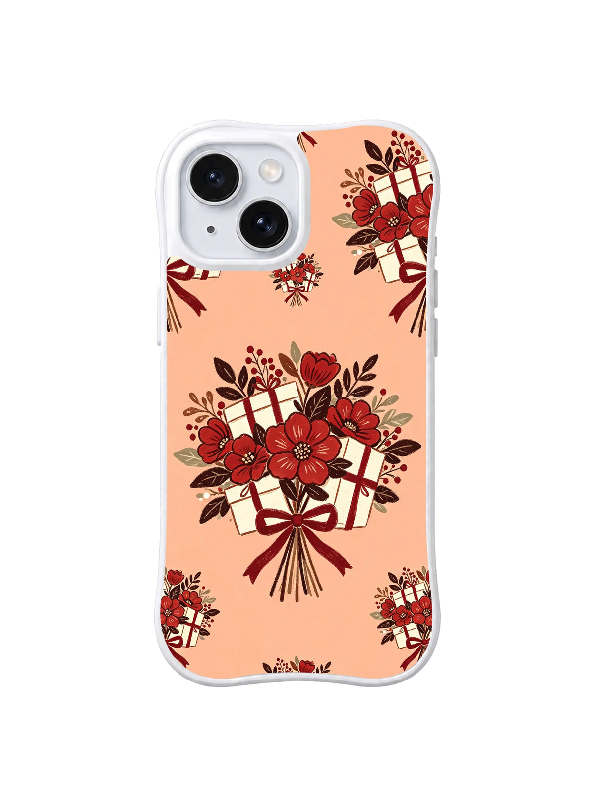 Blush Holiday Bouquet iPhone 15 case with crimson flowers, cream gifts and burgundy ribbons