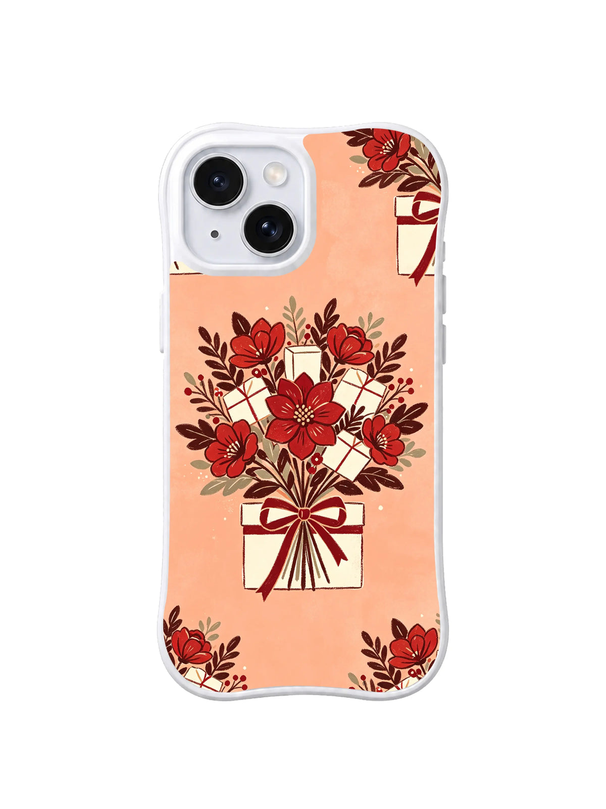 Blush Holiday Bouquet iPhone 15 case with gift-box bouquet and sage leaves