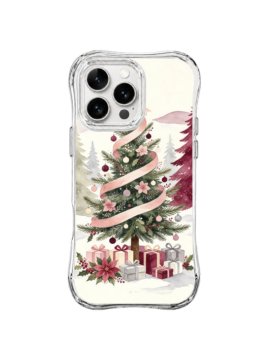 Blush Ribbon Evergreen iPhone 16 Pro case with pink ribbon tree, gifts, poinsettias and snow hills