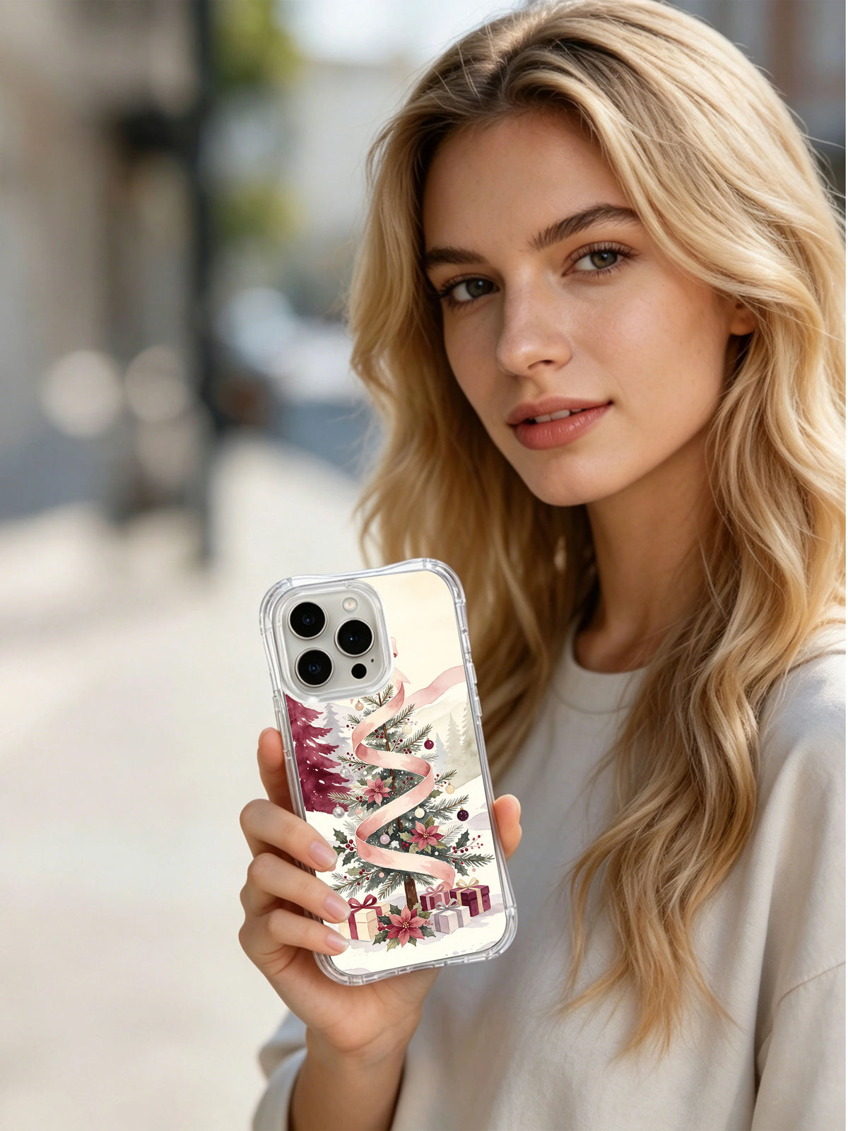 Lifestyle view of the Blush Ribbon Evergreen iPhone 16 Pro case