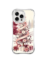 Aesthetic Christmas iPhone 16 Pro case with mauve ribbon cascade, floral tree and gift boxes