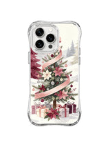 Floral holiday iPhone 16 Pro case with blush ribbon, poinsettias, ornaments and wrapped gifts