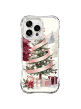 Romantic iPhone 16 Pro case with wine pine, blush ribbon evergreen, poinsettias and cream snow
