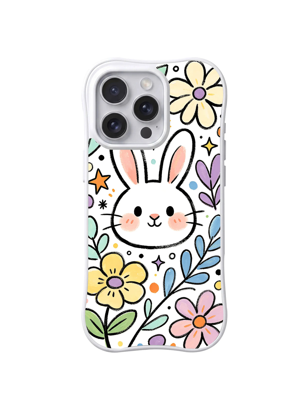 Blushing Bunny Flower Field: A large white rabbit face appears among yellow, pink and blue flowers.