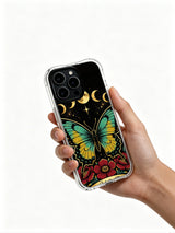 Bold outline tattoo butterfly PhoneCasing, trendy iPhone 14 Plus Case for modern women, drop-proof sturdy mobile casing.
