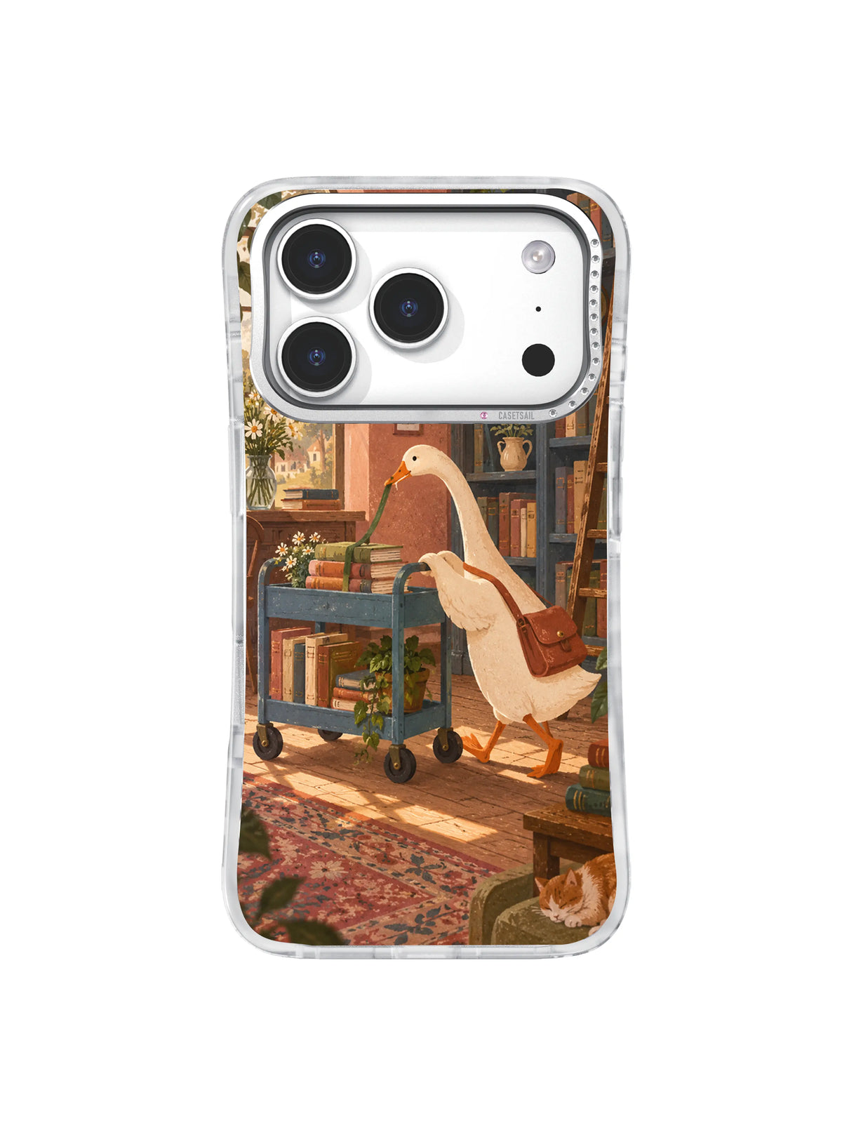 Cream goose pushing a dusty-blue library cart through a warm reading room on an iPhone 17 Pro case illustration.