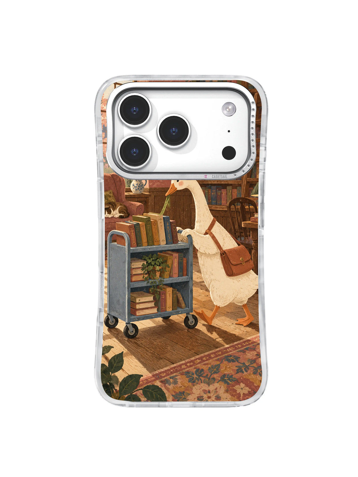 Cream goose finding a shy new reader in a cozy cottagecore library illustration.