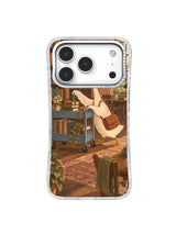 Cream goose picking up an olive ribbon bookmark beside a library cart in a cute phone case design.