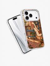 Angled white iPhone 17 Pro case showing The Bookmark Delivery goose artwork.