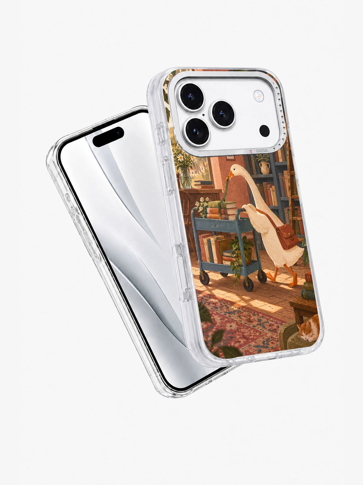 Angled white iPhone 17 Pro case showing The Bookmark Delivery goose artwork.