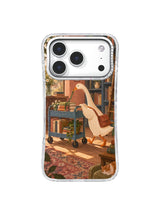 Front view of the white iPhone 17 Pro case with The Bookmark Delivery goose artwork.