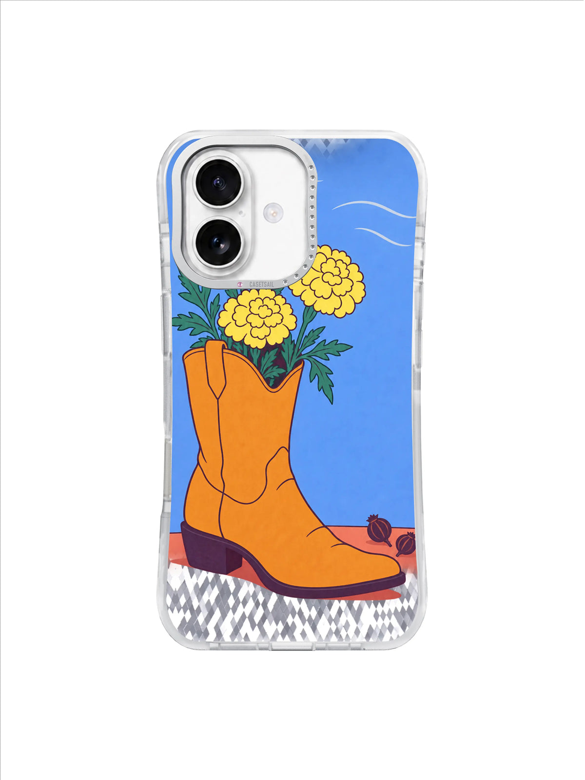 Late-Afternoon Bloom boot artwork on an iPhone 17 case by Mila Vardon