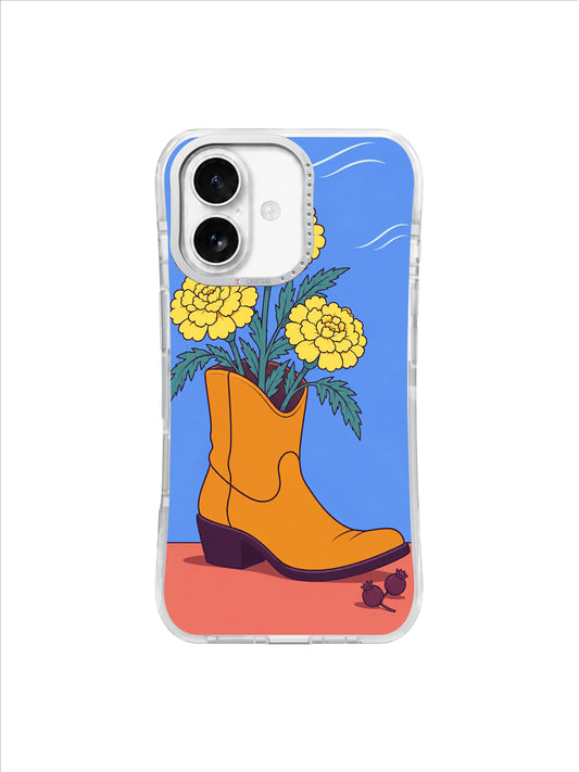 Marigold Window Boot artwork on an iPhone 17 case by Mila Vardon