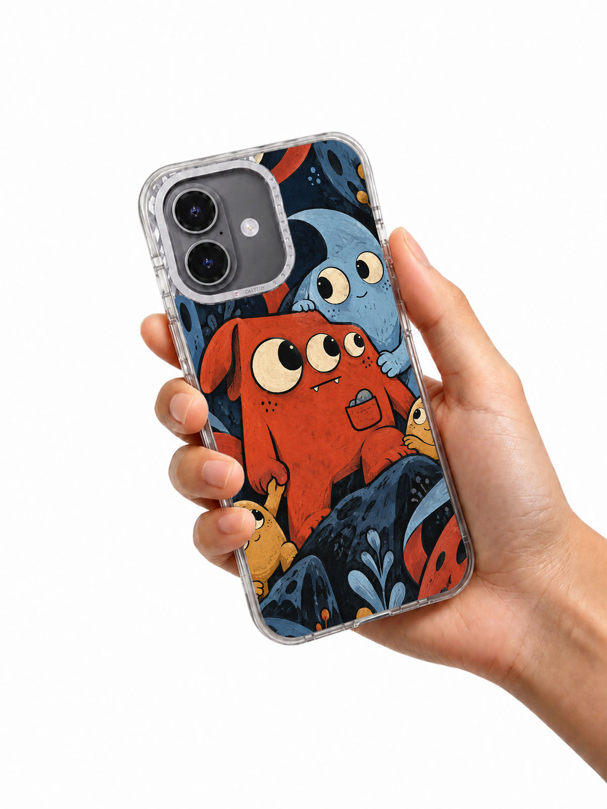 Hand holding borrowed courage character iPhone 17 case