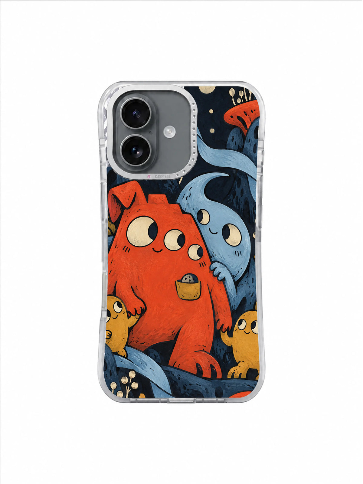 Red three-eyed creature with pale-blue crescent-backed friend on navy
