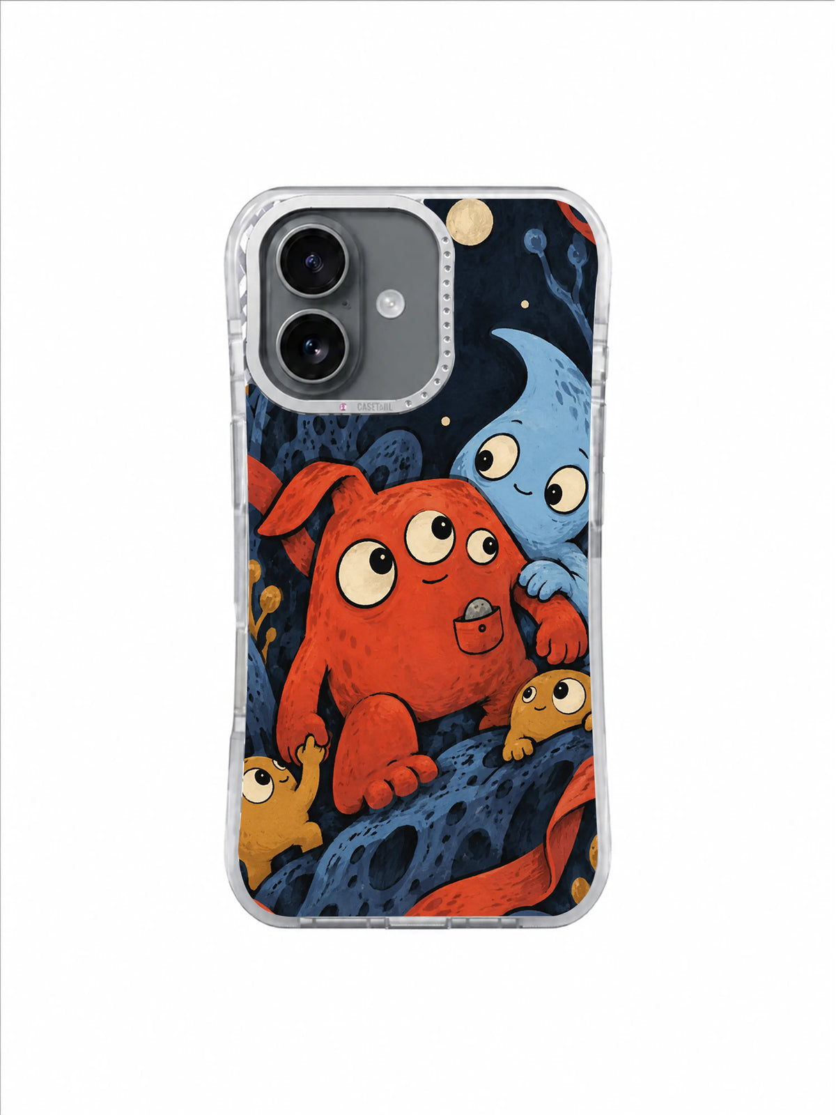 Vermilion courage creature with small ochre pebble friends and ivory eyes
