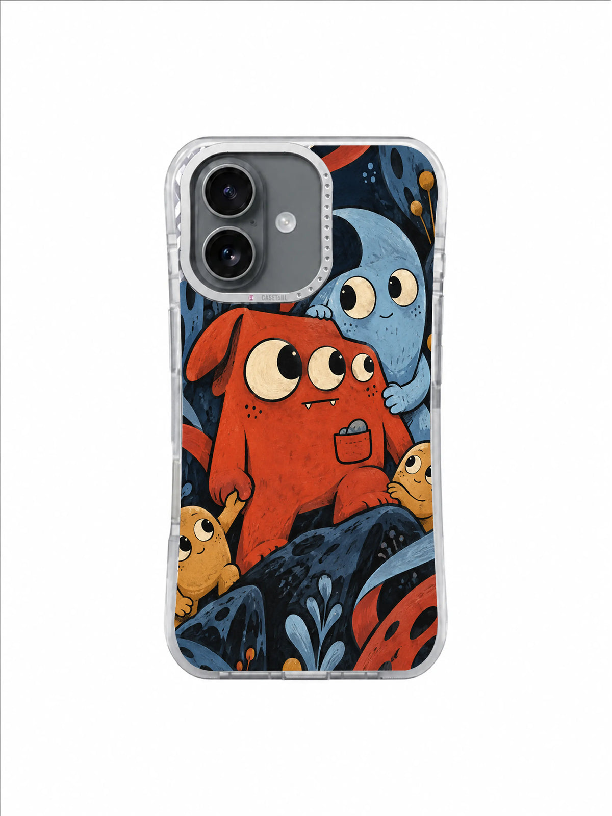 Vermilion pocket creature and icy-blue companion on ink navy for A Pocketful of Borrowed Courage iPhone 17 Case