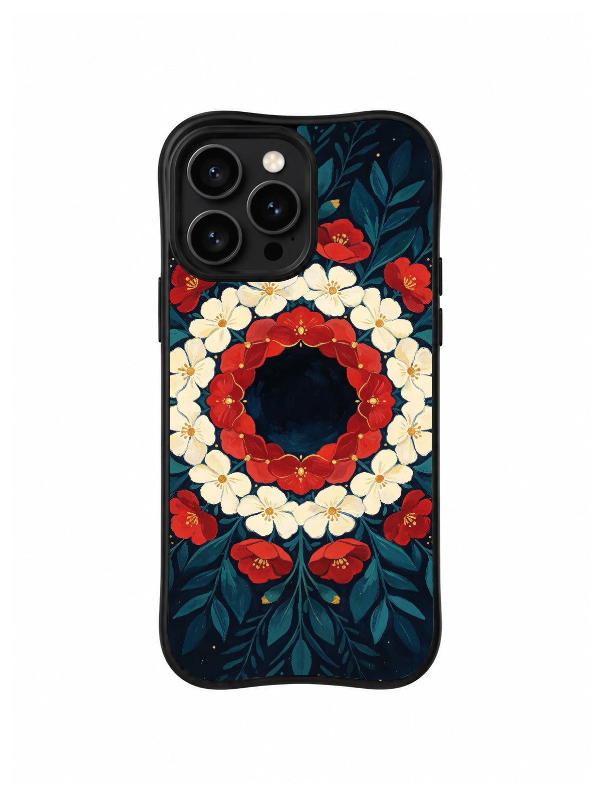 Midnight Floral Halo: Fildişi ve kızıl çiçekler siyah zeminde dairesel bir hale oluşturur.