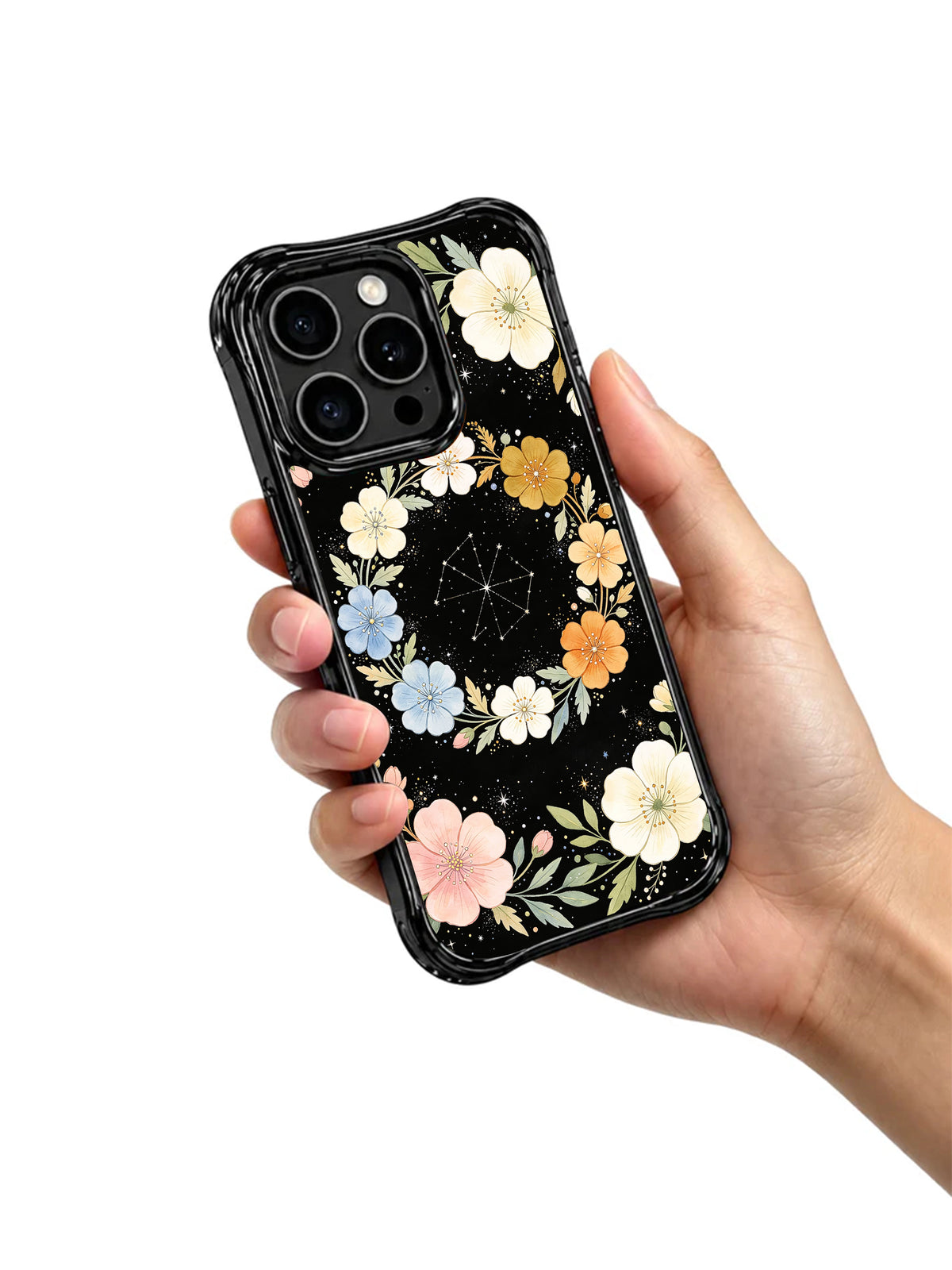 Botanical Stardust iPhone 15 Pro case held in hand
