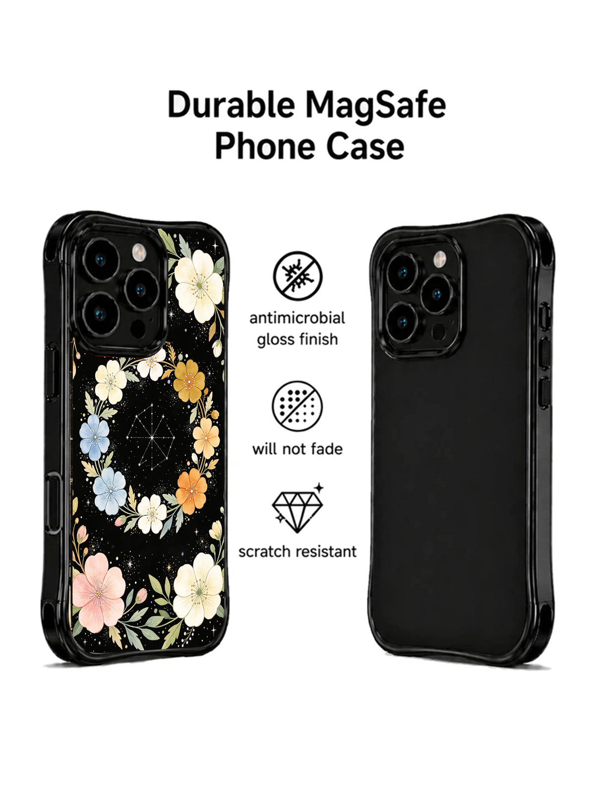 Botanical Stardust protective iPhone 15 Pro case front and back