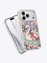 Angled front and back view of Bow Swan Snowdance iPhone 17 Pro Max case