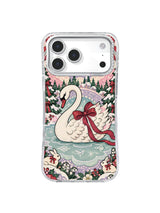 Evergreen Bow Swan artwork with snowy trees on an iPhone 17 Pro Max case