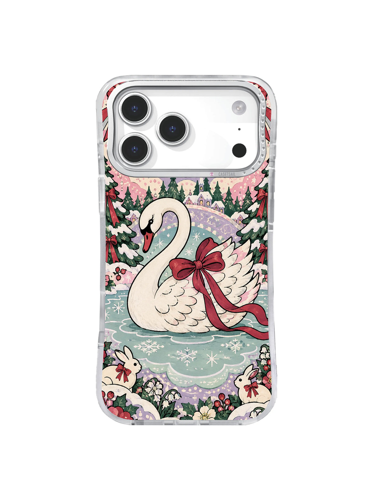 Evergreen Bow Swan artwork with snowy trees on an iPhone 17 Pro Max case