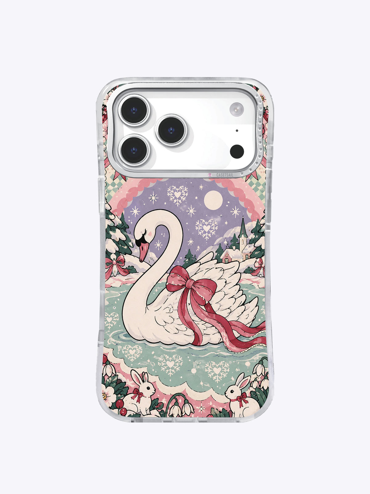Front view of Bow Swan Snowdance artwork on a clear iPhone 17 Pro Max case