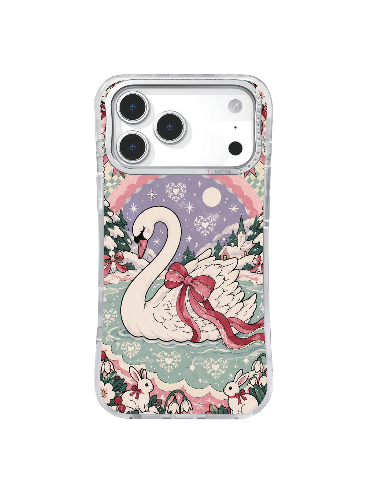 Moonlit Rabbit Shore swan artwork on an iPhone 17 Pro Max case