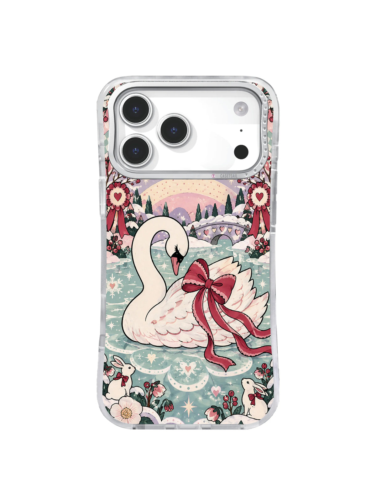 Ribbon Palace Glide swan artwork with winter arches on an iPhone 17 Pro Max case