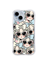 Oversized Bow Vision: Oversized illustrated faces wear large cream and blue bows with black sunglasses.