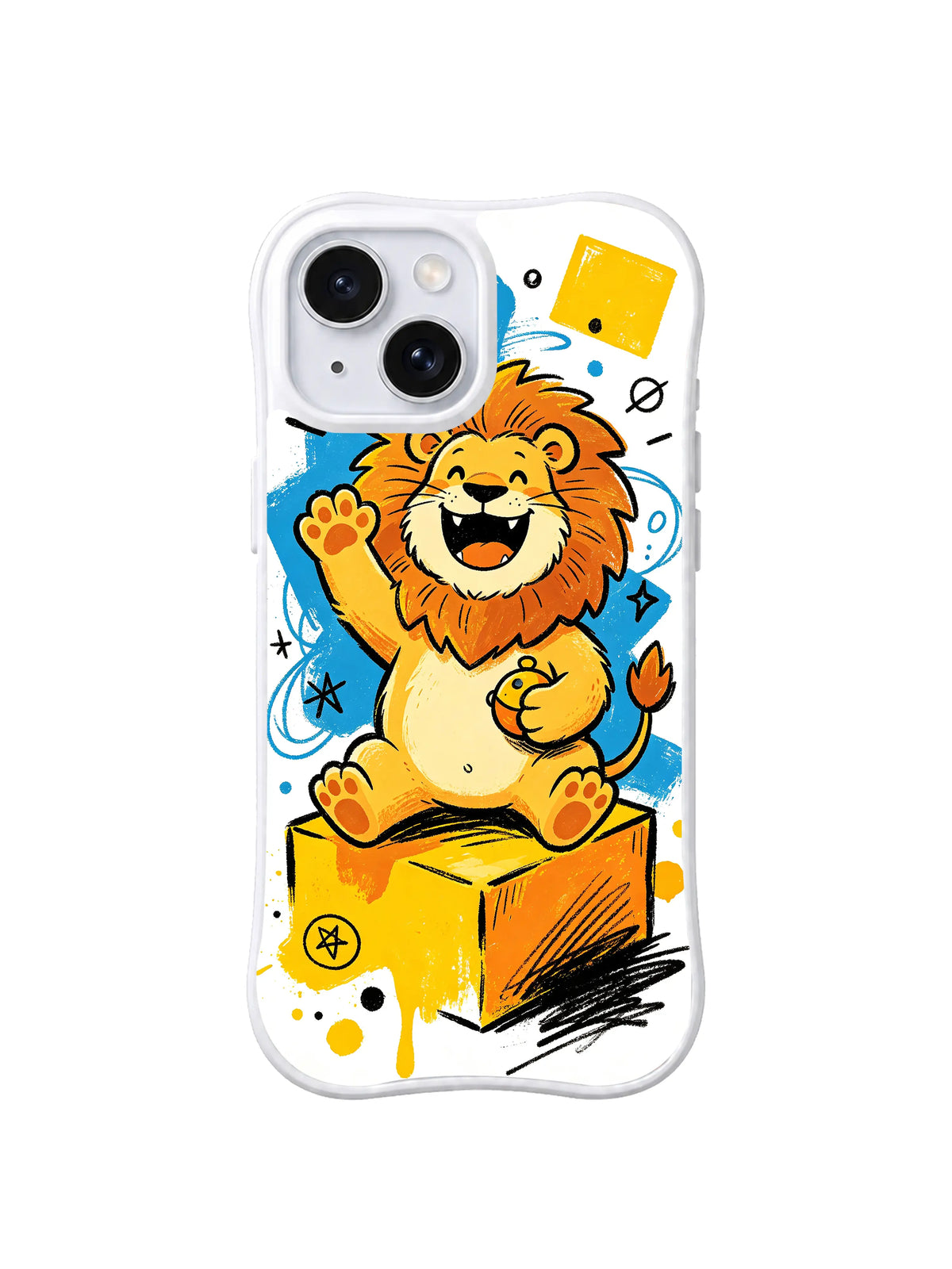 Brave Little Lion iPhone 13 case with smiling lion waving from a yellow box by Kito Bramble