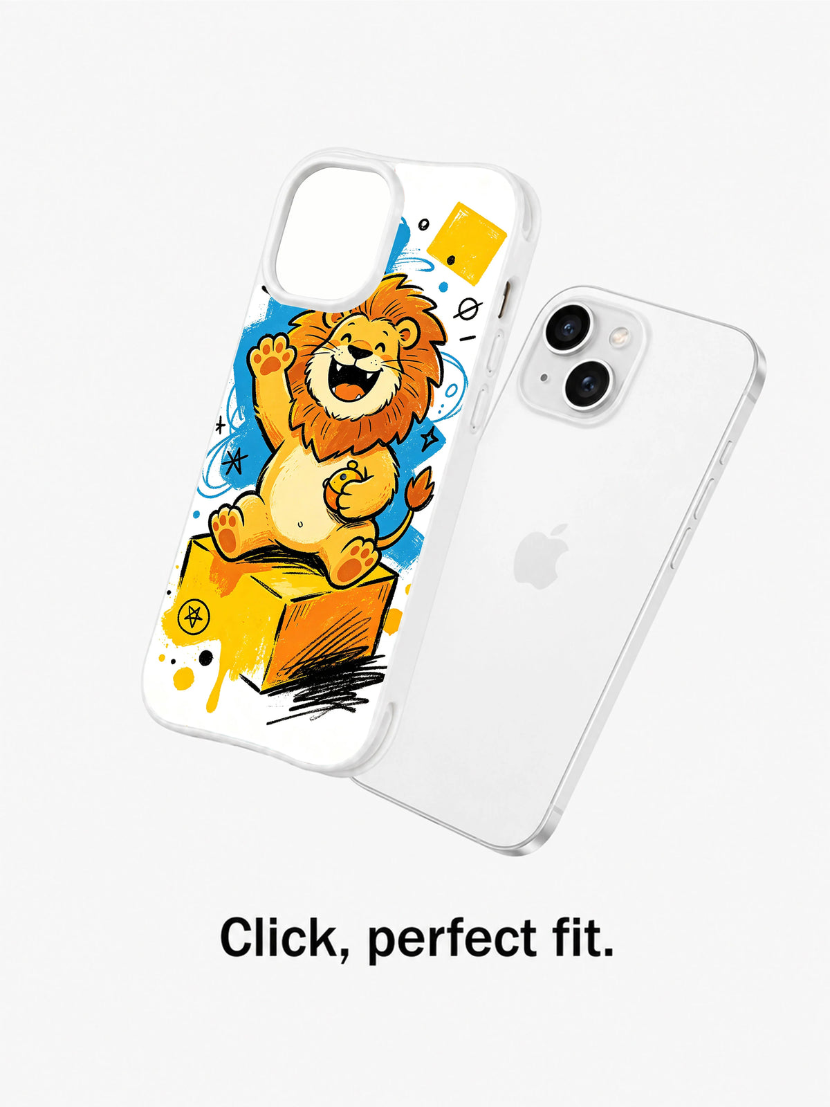 Brave Little Lion case shown beside an iPhone 13 in a fit demonstration