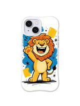 Brave Little Lion iPhone 13 case with standing lion waving against blue and yellow brush marks