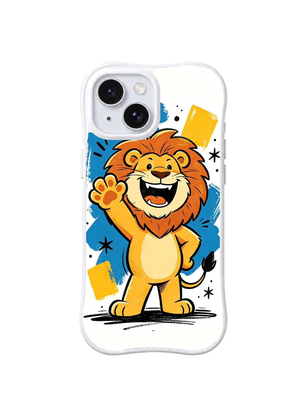 Brave Little Lion iPhone 13 case with standing lion waving against blue and yellow brush marks