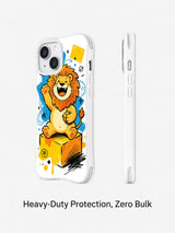 Angled and side profile views of Brave Little Lion iPhone 13 case