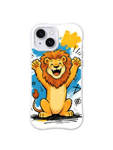 Brave Little Lion iPhone 13 case with cheerful lion raising both paws in blue and yellow pop art