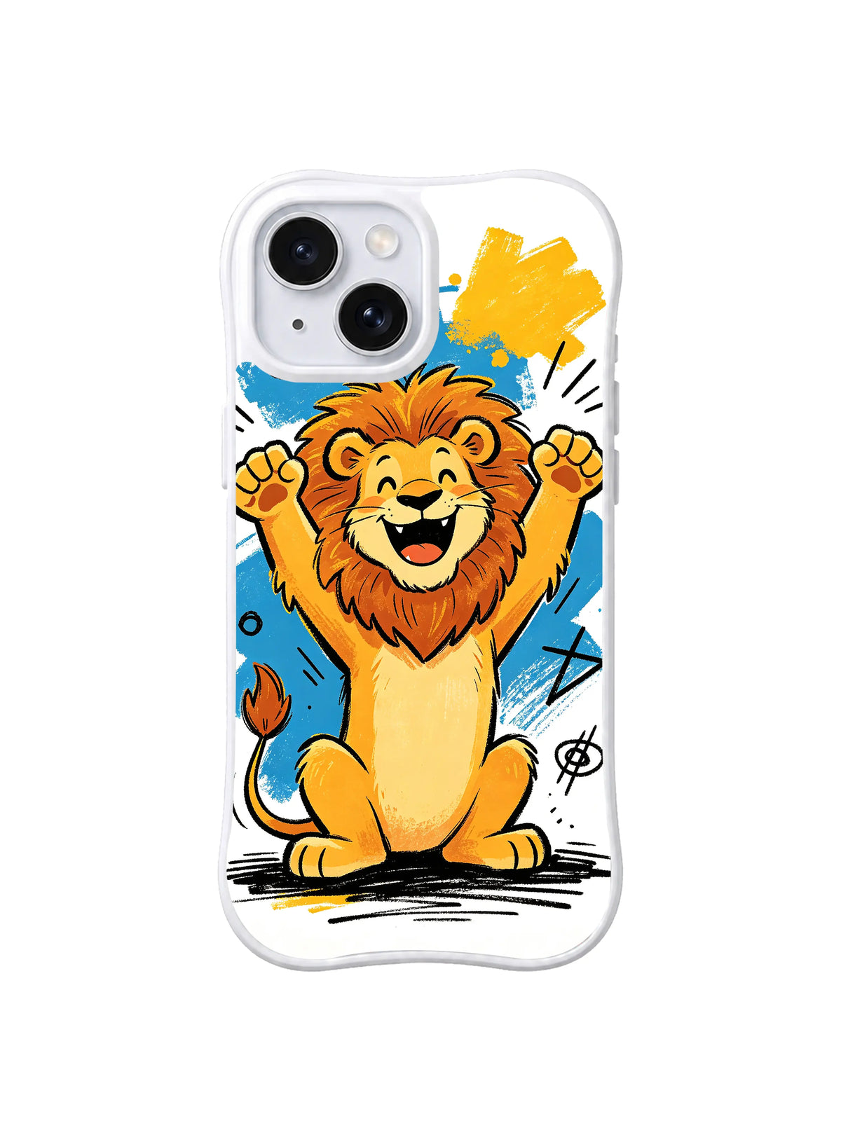 Brave Little Lion iPhone 13 case with cheerful lion raising both paws in blue and yellow pop art