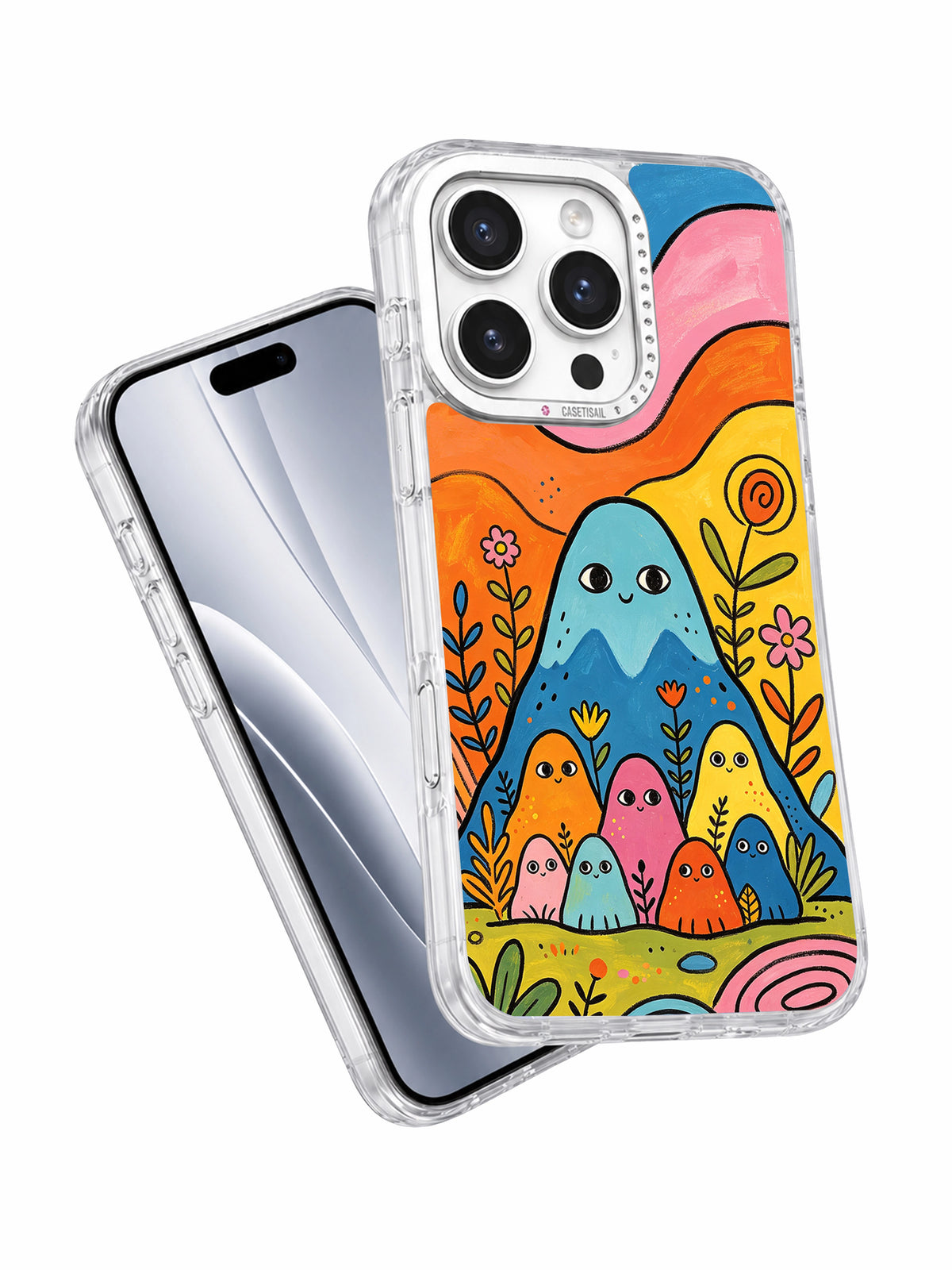 Colorful mountain friends iPhone case angled view