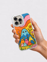 Colorful mountain friends phone case held in hand